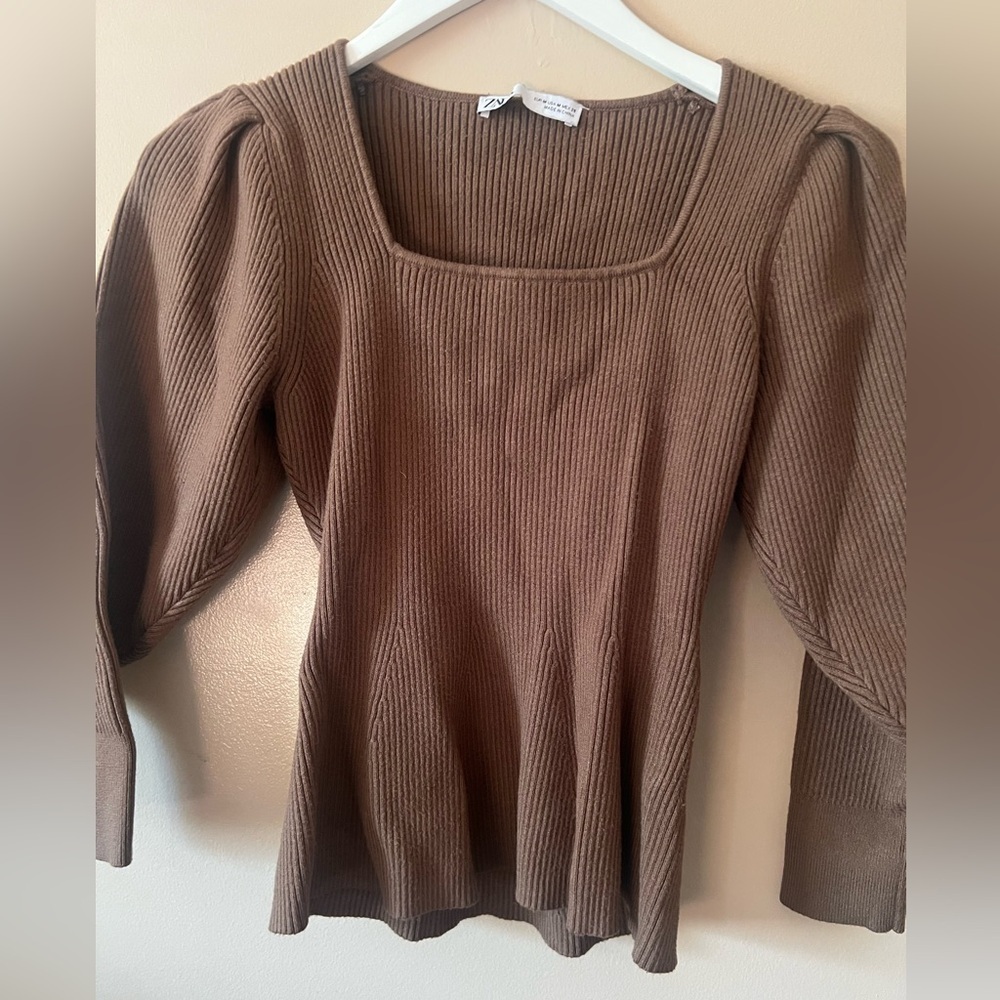 Zara brown square neck knit sweater top size medium fitted bohemian puff sleeve - Picture 5 of 14